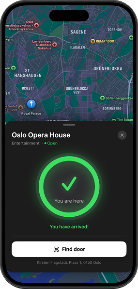You have arrived screen showing Oslo Opera House with Find door button