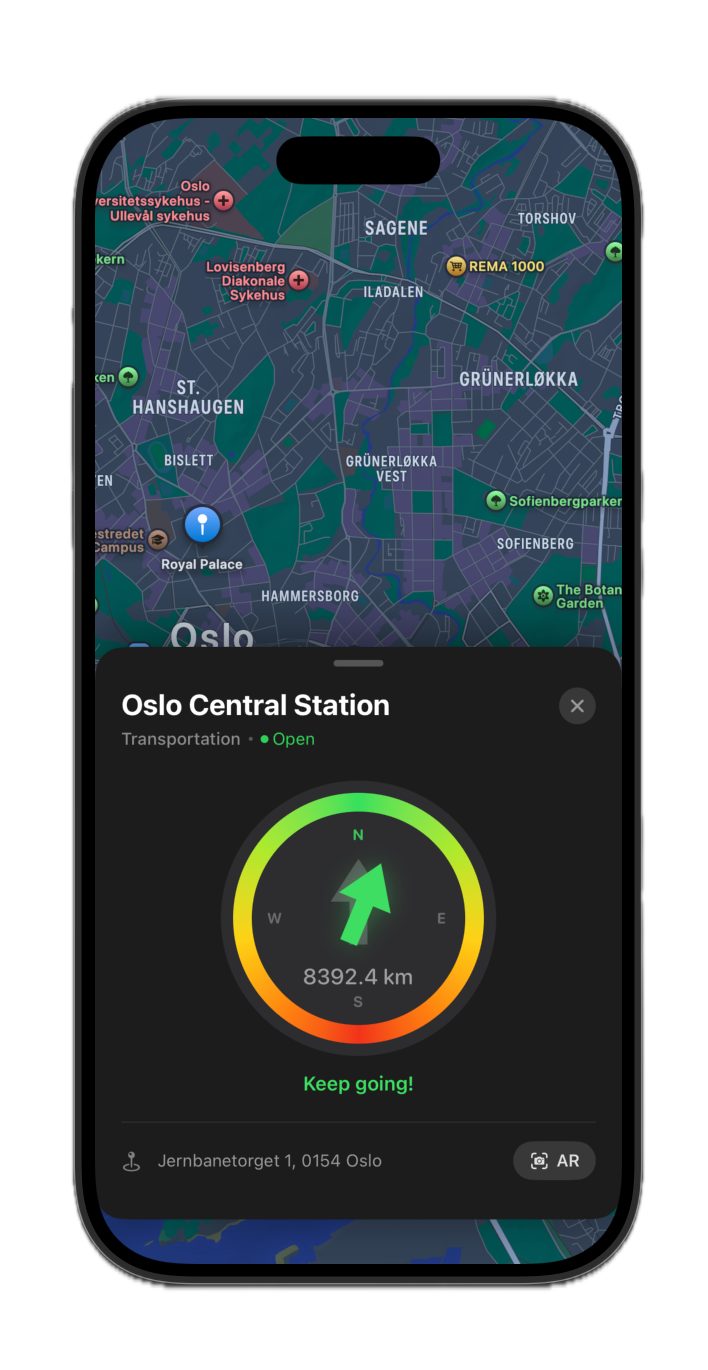 VR wayfinding app running on iPhone showing compass and Oslo Central Station