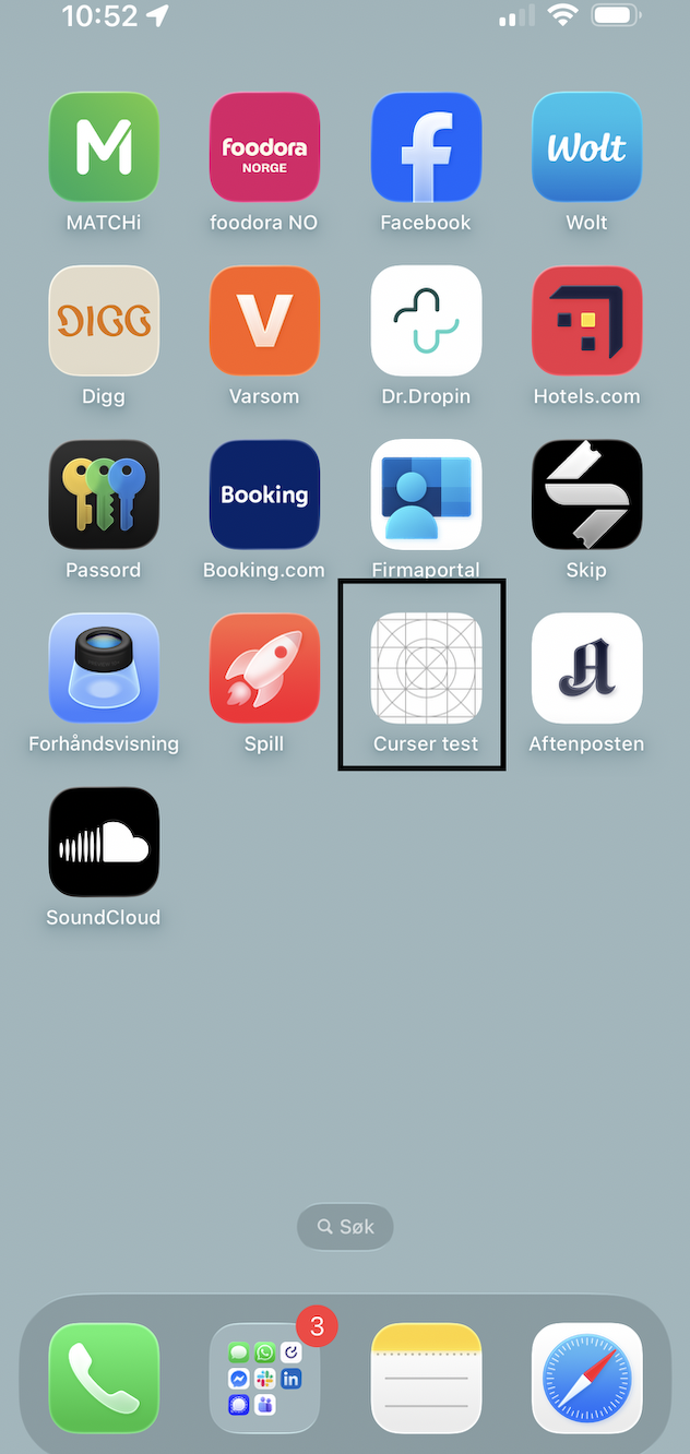 iPhone home screen showing the Cursor test app installed