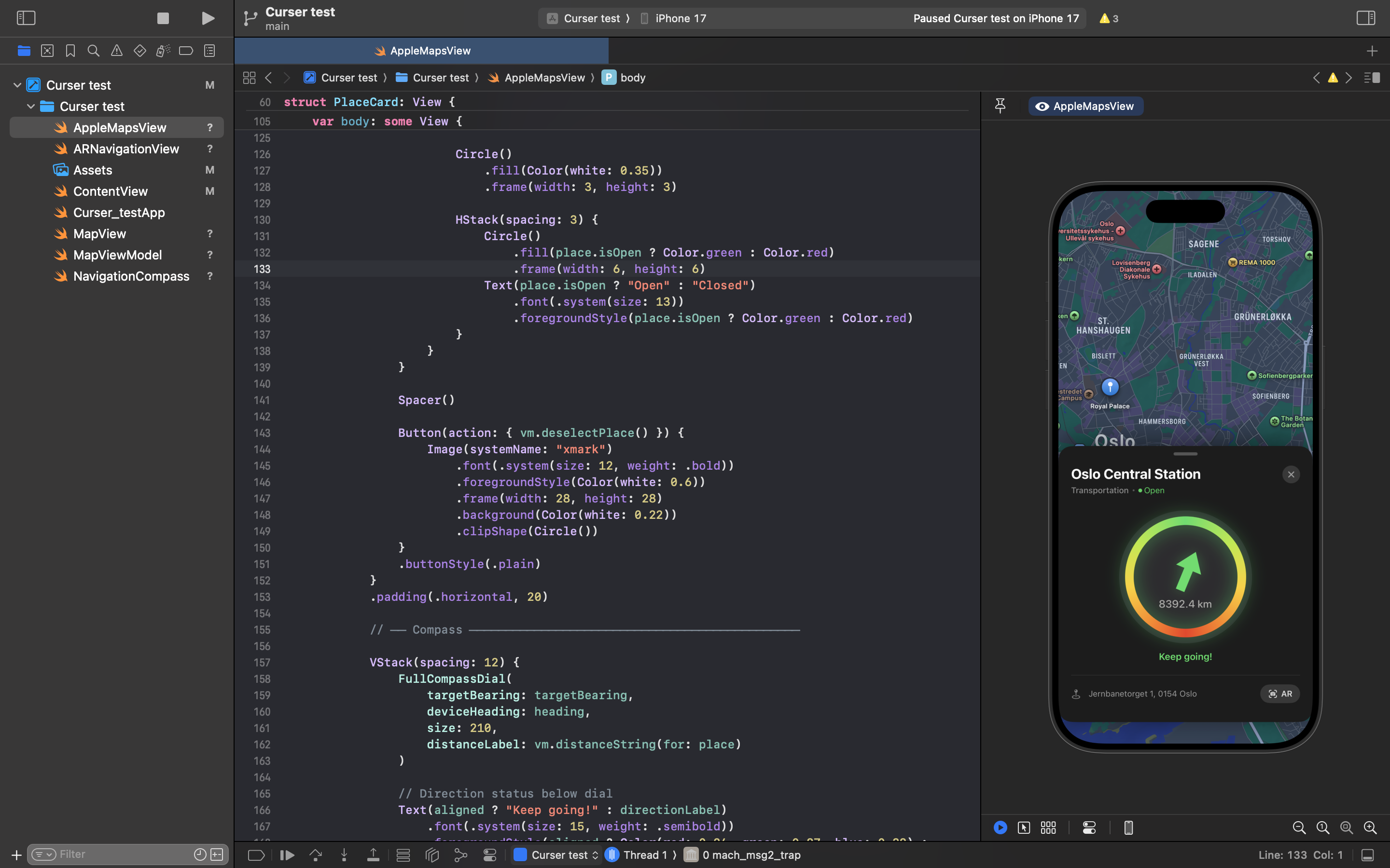 App running on iPhone with live GPS